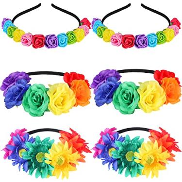 Imagem de 6 peças, coroa floral boho, elástico, rosa, faixa de cabeça para meninas, arco-íris, coroa de girassol, coroa multicolorida, coroa de cabelo, acessório de cabelo para mulheres, meninas, noiva, dama de