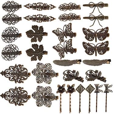 Imagem de InSowni Pacote com 30 unidades/15 pares de presilhas de cabelo jacaré retrô de metal bronze vintage presilhas de cabelo de alicate Bobby, alfinetes, folhas, acessório de borboleta para mulheres e meninas