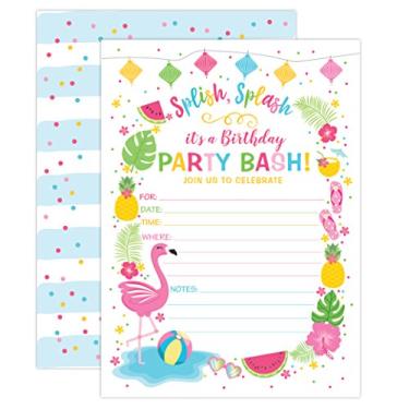Imagem de Convite de aniversário Flamingo, Convite de festa na piscina de verão, Convite de flamingle, Almofada para salpicos, Deslizante de água, Festa de flamingle, Luau, 20 convites e envelopes