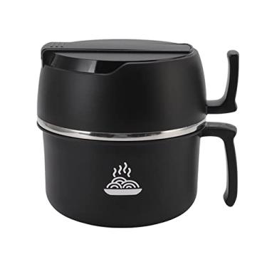 Imagem de Fogão de ramen térmico,conjunto de tigela de ramen,tigela de macarrão de aço inoxidável lancheira tigela de ramen de camada dupla com tampa de alça garfo e colher para estudantes de trabalh(black