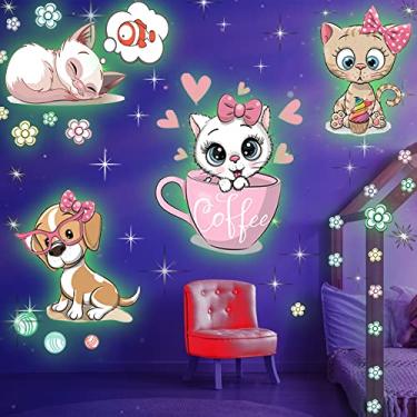 Imagem de Adesivos de gato que brilham no escuro com cachorro e peixe, adesivos de parede para quarto de cama infantil, ótimo para presente de aniversário gato brilhante para meninas e meninos