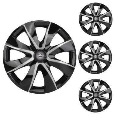 Imagem de Jogo Calota Aro 14 Prime Black Silver Elitte Preto Prata + Emblema Resinado Citroen (C3 C4 Aircross Berlingo)