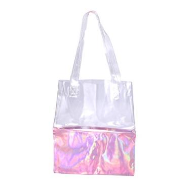 Imagem de Tendycoco bolsa de ombro transparente bolsa de praia em PVC holográfico bolsa tote para mulheres, rosa, Large