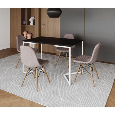 Imagem de Mesa Jantar Industrial + 4 Cadeiras Estofada Nude Médio Madeira Tampo Preto 120x75 Base V Aço Branco