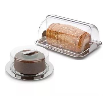 Imagem de Kit Porta Pão e Boleira Aço Inox Tampa Acrílico Bolo Forma
