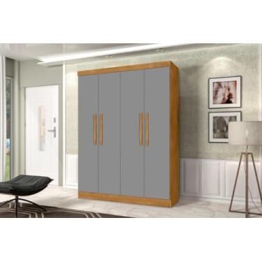 Imagem de Roupeiro/Armário/Guarda Roupas MALI 4 Portas Com Puxadores em Madeira 4 Gavetas e Amplo Espaço Interno Cor Nature/Cinza