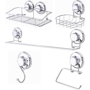 Imagem de 5 Acessórios De Banheiro Inox com Ventosa Papeleira Toalheiro Saboneteira Porta Shampoo Astra