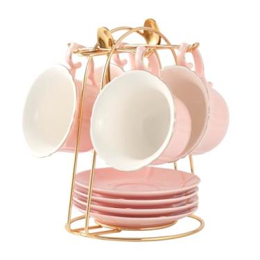 Imagem de Conjunto de 4 xícaras de chá e pires DUJUST (236 ml), rosa (candy pink) com acabamento dourado, xícaras de café com borda de pétala com suporte de metal, de porcelana com estilo simples – rosa