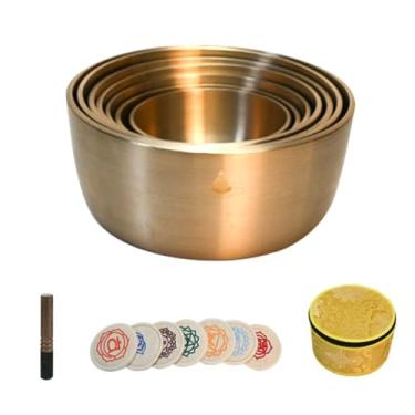 Imagem de DSPDVWOW Conjunto de tigela de canto Tibet-Nepal Superfície de cobre puro Design zen 7 conjuntos fáceis de transportar Conjunto de 7,8-13,7 cm Som puro adequado para ioga, meditação e decoração com ar