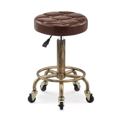 Imagem de PHLEPS Banco de rodinhas com descanso para os pés, almofada de couro PU, cadeira giratória de 360°, banco de metal hidráulico, altura ajustável, banco de trabalho de salão de 17-22 polegadas, cadeira