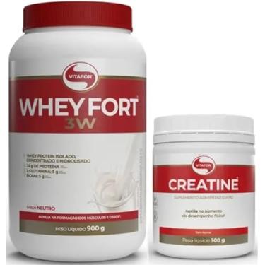 Imagem de Kit Whey Fort 3W Pote 900g Sabores + Creatina Vitafor 300g (900g+300g, Neutro)