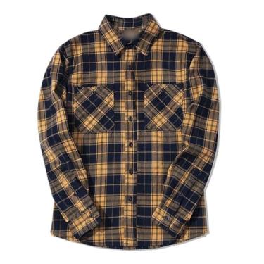 Imagem de Camisa masculina grossa outono inverno casual militar manga longa lapela camisa xadrez vintage masculina, Amarelo, G