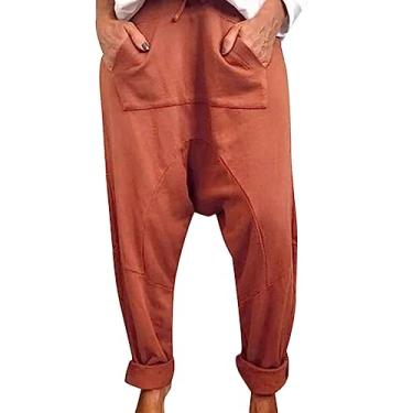 Imagem de Calça de moletom feminina de cintura alta folgada de linho de verão Y2K calça social rodada casual, Laranja, GG