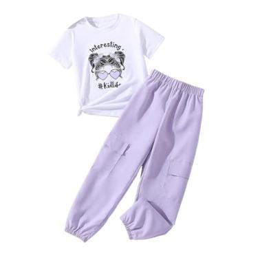 Imagem de Floerns Conjunto de 2 peças para meninas com estampa de camiseta de manga curta e bolso com aba, Roxo e branco, 9 Anos