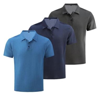 Imagem de 3 peças/conjunto de malha confortável camisa masculina elástica manga curta lapela golfe camiseta verão ao ar livre, presente para homens, Azul + azul marinho + cinza escuro, XXG