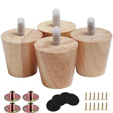 Imagem de Conjunto de pernas de móveis de madeira maciça redonda de 5 cm de 4 sofás-cama moderno de meados do século sofá mesa de café pés retos pernas com parafuso e parafusos pré-perfurados de 1,5 cm e almofadas de borracha..