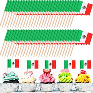 Imagem de 1000 peças de bandeiras de palito do México, palitos de bandeira mexicana, topos de cupcake do México, mini palitos de comida para festa do dia nacional, aniversário, coquetel, sorvete, bolo