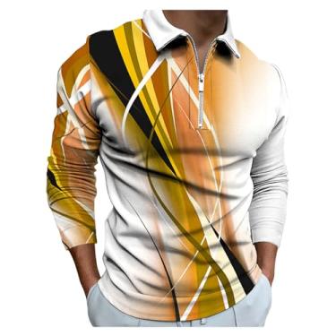 Imagem de Camisa polo masculina impressão 3D digital combinando cores pulôver bainha reta manga longa, Amarelo, 3G