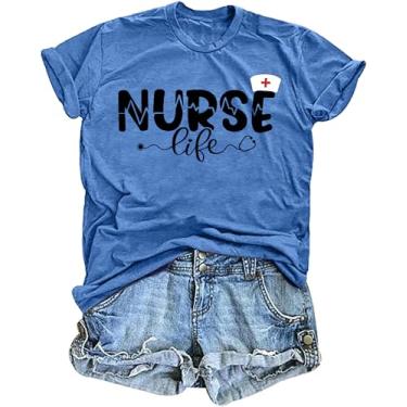 Imagem de VVNTY Camiseta feminina de enfermeira com estampa de vida de enfermeira, camisetas casuais de manga curta, Azul, P