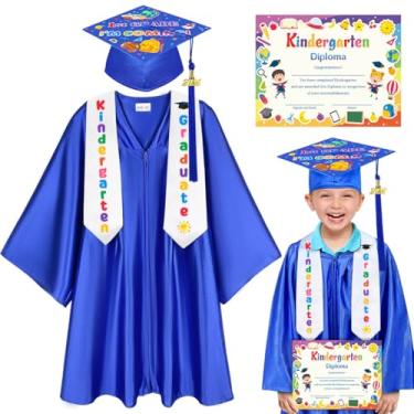 Imagem de GZHOK Boné e vestido de formatura de jardim de infância, boné de formatura pré-escolar com borla e certificado de formatura, Azul, GG