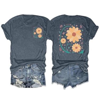 Imagem de Anbech Camisetas femininas com estampa de flores silvestres boho, manga curta, caimento solto, Azul empoeirado, M