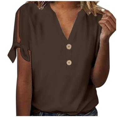 Imagem de Camisetas femininas folgadas longas gola V para mulheres pétala manga curta simples outono verão 2024, A-526 marrom, XXG