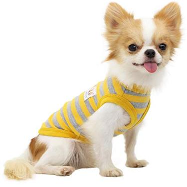 Imagem de Lophipets Camiseta para cachorro listrada 100% algodão para chihuahua Puppy roupas regata colete - Amarelo e cinza tiras/M