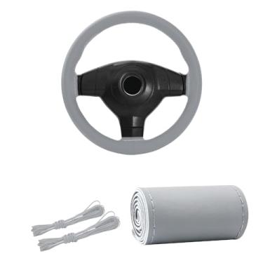 Imagem de Kewucn Capa de volante de couro genuíno, protetor universal de volante de carro de 15 polegadas com linha de agulha, capa de volante antiderrapante respirável DIY Stitch on Wrap (cinza, brilhante)