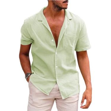 Imagem de Camisetas masculinas de linho casual manga curta abotoadas verão praia camisetas modernas, Verde claro, M