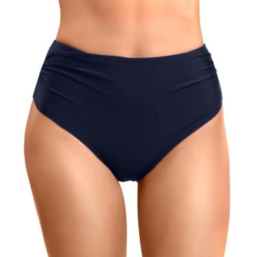 Imagem de Lainuyoah Calcinha de biquíni feminina cintura alta com controle de barriga franzida cor sólida moderna calcinha tanga de praia, A - azul-marinho, GG