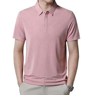 Imagem de Polos masculinos de poliéster cor sólida malha camisa manga curta stretch leve ajuste regular atlético respirável(Color:Leather Pink,Size:XL)