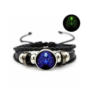 Imagem de Pulseira de signos do zodíaco para mulheres e homens, pulseiras de couro unissex com 12 constelações ajustáveis e ajustáveis feitas à mão, joias do zodíaco que brilham no escuro, 18cm, Couro