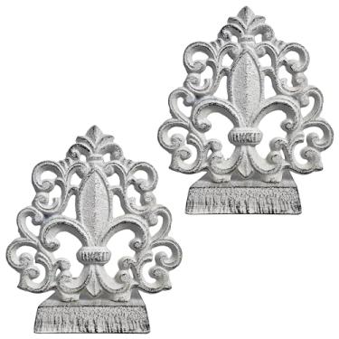 Imagem de Lulu Decor, Batente de porta de flor de lis de ferro fundido, tampa de porta em acabamento branco antigo, produto bonito e útil, basta inserir a base plana embaixo do espaço da sua porta, funciona muito bem (2 peças)