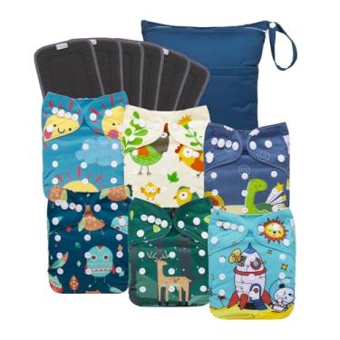 Imagem de babygoal Fraldas de pano de carvão reutilizáveis com reforço duplo, pacote com 6 fraldas laváveis para bebês com 6 peças de inserções de carvão e bolsa seca úmida (pintinho, veado, dinasaur)