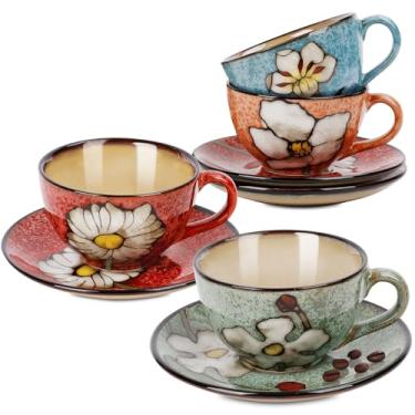 Imagem de Katathani Conjunto de 4 xícaras de café de cerâmica de 227 g com pires para café expresso, chá, latte – design de porcelana pintada à mão sob o esmalte