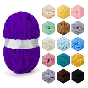 Imagem de ERLYEEN Fio grosso de chenille, super volumoso, macio, fofo, gigante, lavável, poliéster, faça você mesmo, para manta de malha de braço, almofada, sofá, decoração de casa, roxo, 1 kg