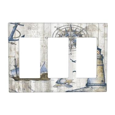Imagem de Xuejiaku Capa de interruptor de luz âncora náutica rústica veleiro bússola farol de madeira 3 gangues placa de interruptor de luz tripla placa de interruptor de luz GFCI capas de tomada decorativas