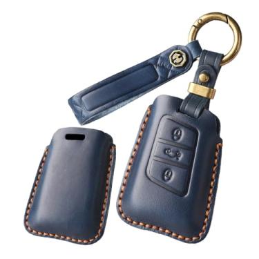 Imagem de HIBEYO Capa de chaveiro de couro genuíno personalizável com 3 botões compatível com VW Volkswagen Passat Tiguan Skoda CC B8 MK2 B7 Superb A7 Magotan Capa de chave personalizada tipo C azul