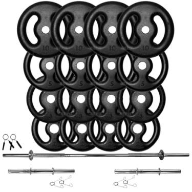 Imagem de KIT ANILHAS 80 KG + 2 BARRAS OCAS 40CM + BARRA MACIÇA 1,50CM