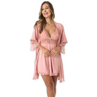 Imagem de Kit Robe Roupão de Banho + Camisola Com Renda Lingerie Luxo Conforto -