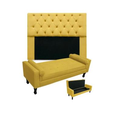Imagem de Combo Cabeceira Mirage + Recamier Baú Fenix Queen 160 cm Suede Amarelo