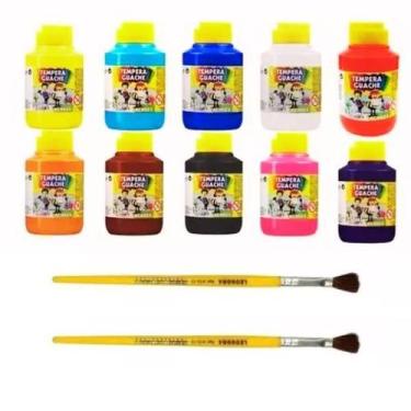 Imagem de KIt 10 Tinta Guache 250ml Acrilex Cores Sortidas Com Pinceis