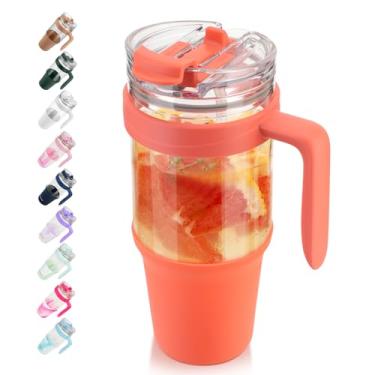 Imagem de Copo de vidro Tronco, 1,2 l, com tampa de plástico e canudo articulado à prova de vazamentos, copo de vidro copo reutilizável com alça, para café gelado, cabe na maioria dos porta-copos