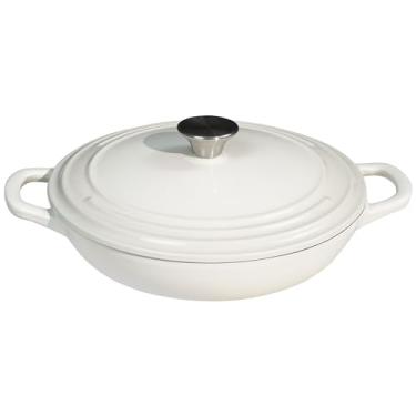 Imagem de Flavehc Braiser braseiro de ferro fundido esmaltado 3 qt com tampa Caçarola de ferro fundido rasa branca com alças