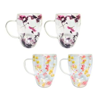 Imagem de Gusto Buono Caneca de vidro duplo borossilicato de 325 ml, 2 flores secas rosa e 2 roxas, conjunto de 4, projetada na Itália
