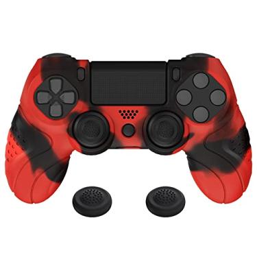 Imagem de PlayVital Guardian Edition Capa de silicone para controle ergonômico macio antiderrapante vermelho e preto para ps4, película protetora de borracha com tampas de joystick para controle ps4 Slim/Pro