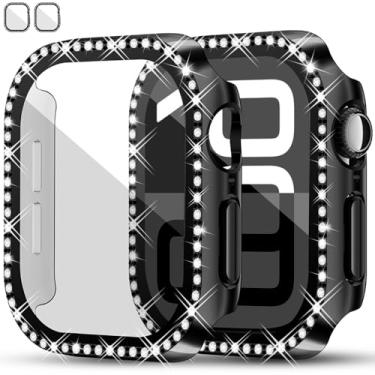 Imagem de Pacote com 2 capas protetoras rígidas RICHONE Strass Bling com película de vidro temperado para Apple Watch Series 10 (2024) 42 mm, capas pretas antiqueda resistentes a arranhões para iWatch (42 mm)