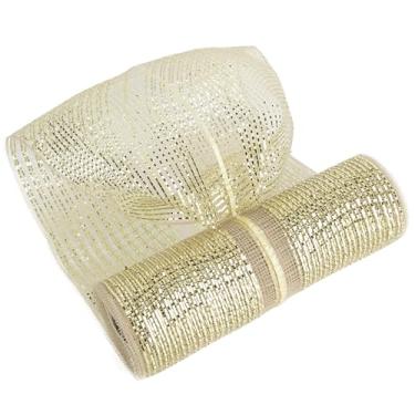 Imagem de MEEDEE Champagne Deco Mesh 25,4 cm Deluxe Wide Foil Metallic Pull Up Mesh Fita de malha dourada champanhe para árvore de Natal, grinaldas, guirlandas, embrulho de presente, fabricação de laços (30