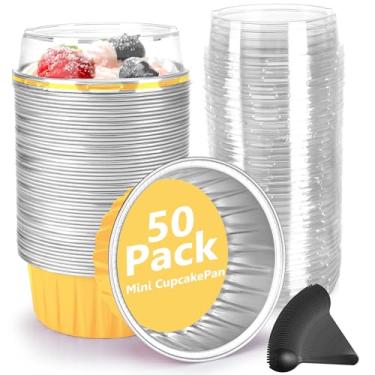 Imagem de Mini formas de bolo, 50 pacotes com tampas e colheres, folhas redondas de alumínio para cupcake, formas para muffins, embalagens descartáveis para bolo de queijo, creme brulee, ramequins - 142 g