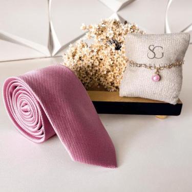Imagem de Kit gravata mais pulseira para padrinhos de casamento rose gravata tec